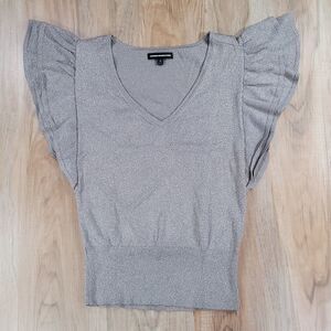 🔹️Express Taupe & Gold Shimmery Ruffle Sleeve Vneck Sweater Medium